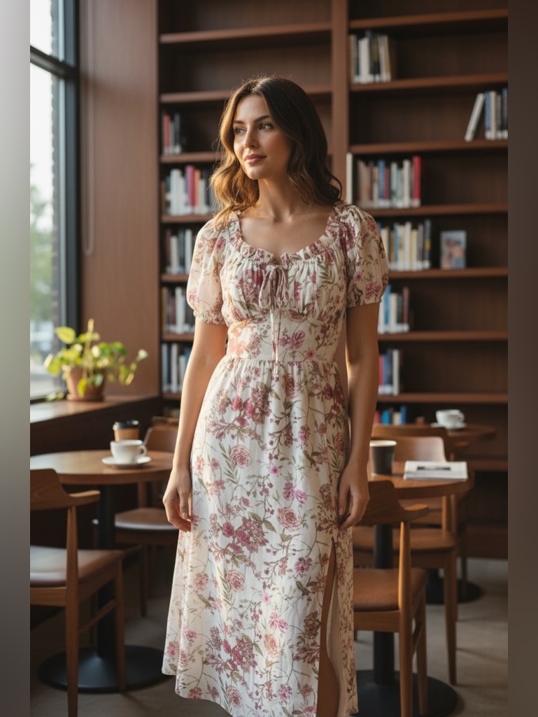 As U Wish Cream Midi Dress With Pink Floral Print